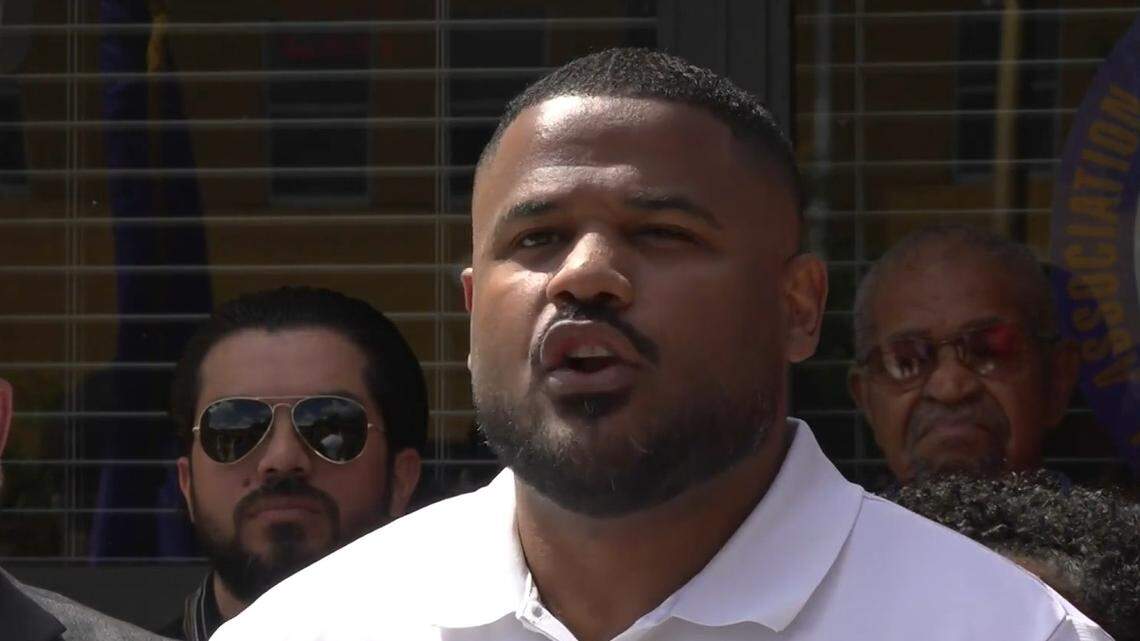 ‘It is unacceptable that in 2026 Latinos and African-American officers are still confronted with situations rooted in biased discrimination and unequal treatment,’ said Jorge Luis Feliz Del Rosario, president of the Fort Lauderdale Hispanic Police Officers Association. He was speaking at a news conference on Tuesday, April 21, 2026, at the Broward/Fort Lauderdale NAACP office in Fort Lauderdale.